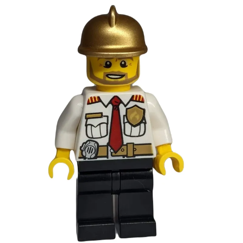 Fireman, White Shirt with Red Tie, Badge, and Radio on Belt, Gold Helmet, Beard