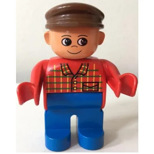 Duplo Figure, Early, with Flat Cap Brown, Blue Legs, Plaid Shirt Print (Farmer)