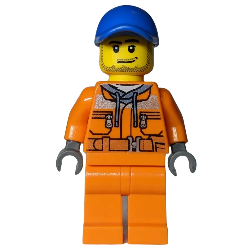 Construction Worker, Safety Jacket over Hoodie with Belt, Orange Legs, Blue Cap, Stubble