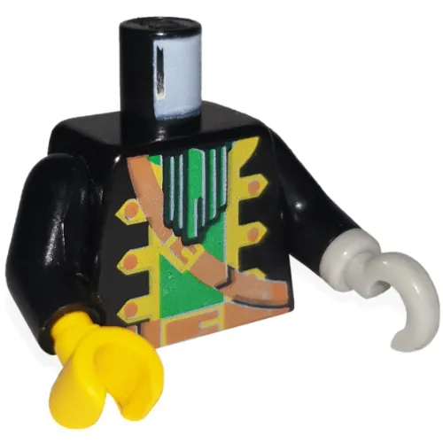 Torso Pirate Captain Jacket, Green Ascot and Undershirt, Brown Shoulder Strap and Belt Print, Black Arms, Yellow Hand Right, Light Gray Hook Left