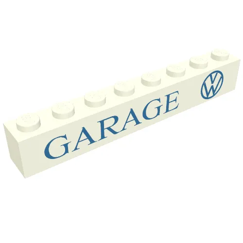 Brick 1 x 8 without Bottom Tubes with Cross Side Supports with 'GARAGE VW' Blue Print