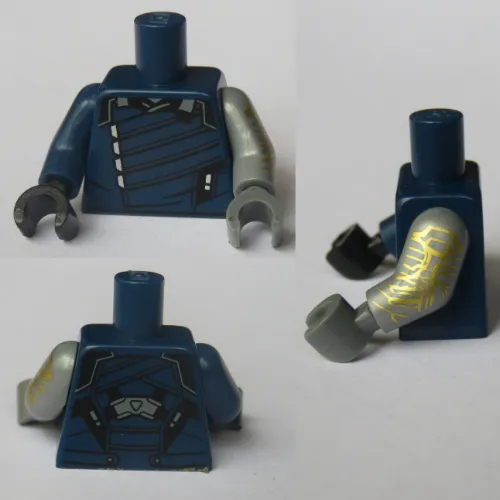 Torso, Odd Arms and Hands, Vest, Black Trim Print (Winter Soldier), Left Light Bluish Gray Arm and Dark Bluish Gray Hand, Right Dark Blue Arm and Black Hand