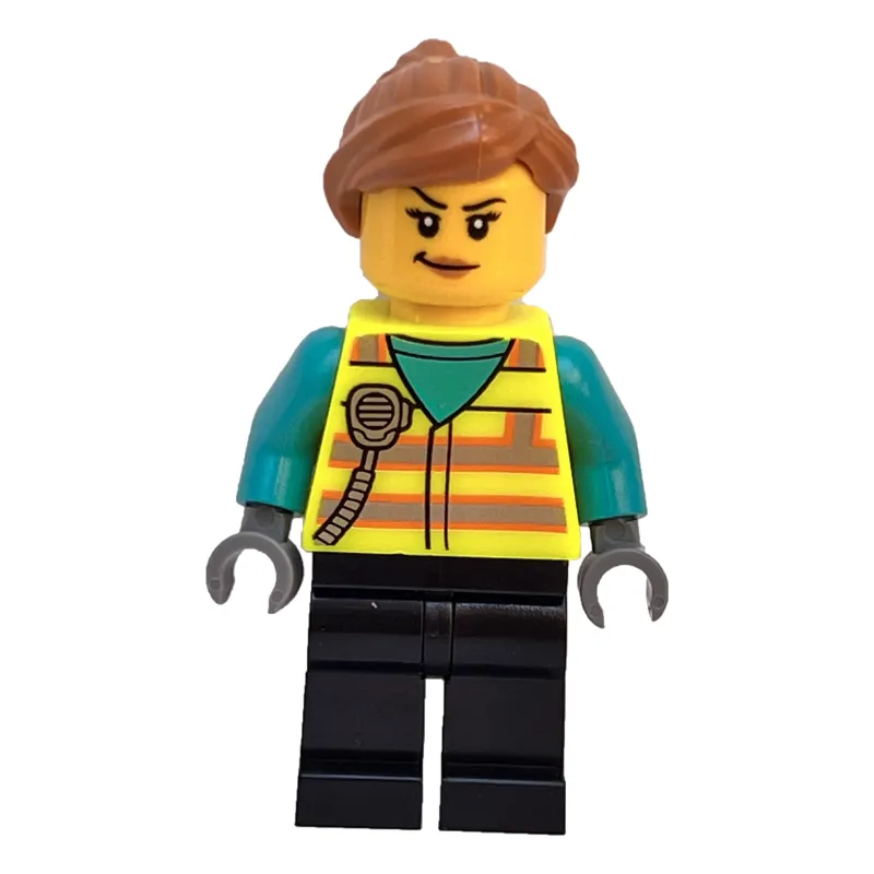 Woman, Vibrant Yellow Safety Vest, Black Legs