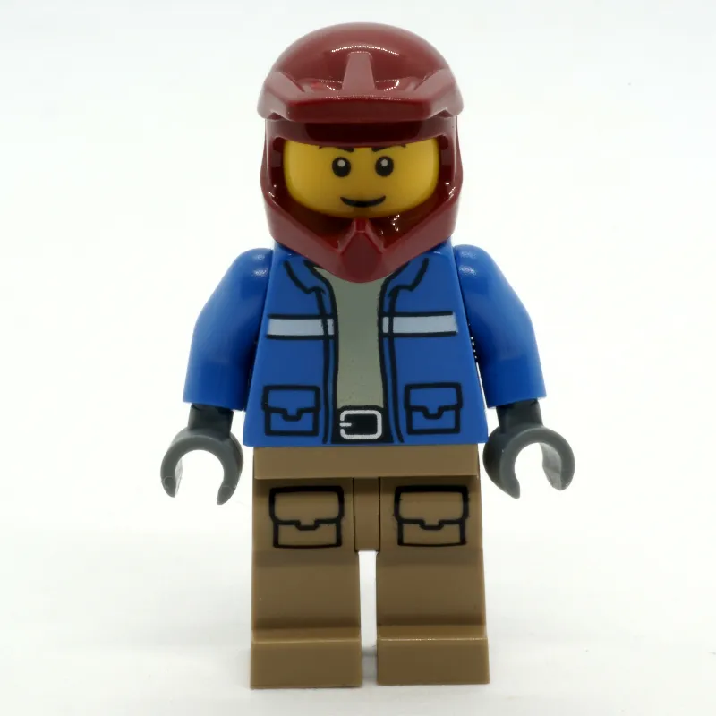 Man, Blue Jacket, Dark Red Dirt Bike Helmet, Smile