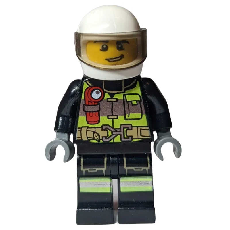 Fireman, Safety Vest with Flashlight, Pocket, and Belt, White Helmet with Visor