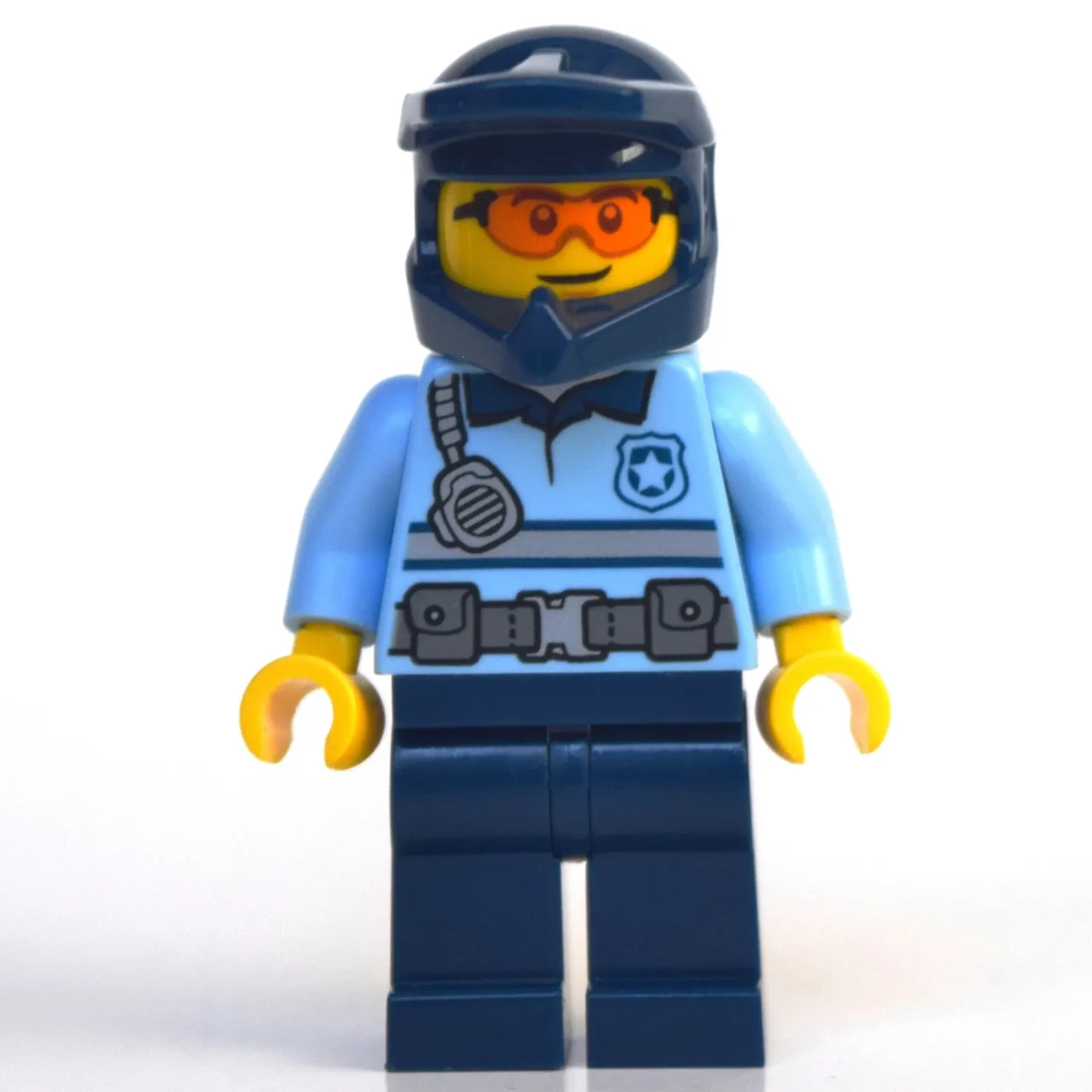 Policeman, Polo Shirt with Belt and Radio, Dark Blue Legs, Dark Blue Dirt Bike Helmet, Orange Glasses