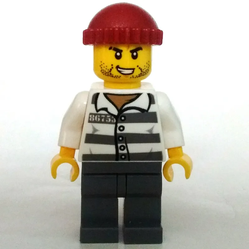 Criminal, Prison Shirt with #86753, Dark Bluish Gray Legs, Dark Red Hat