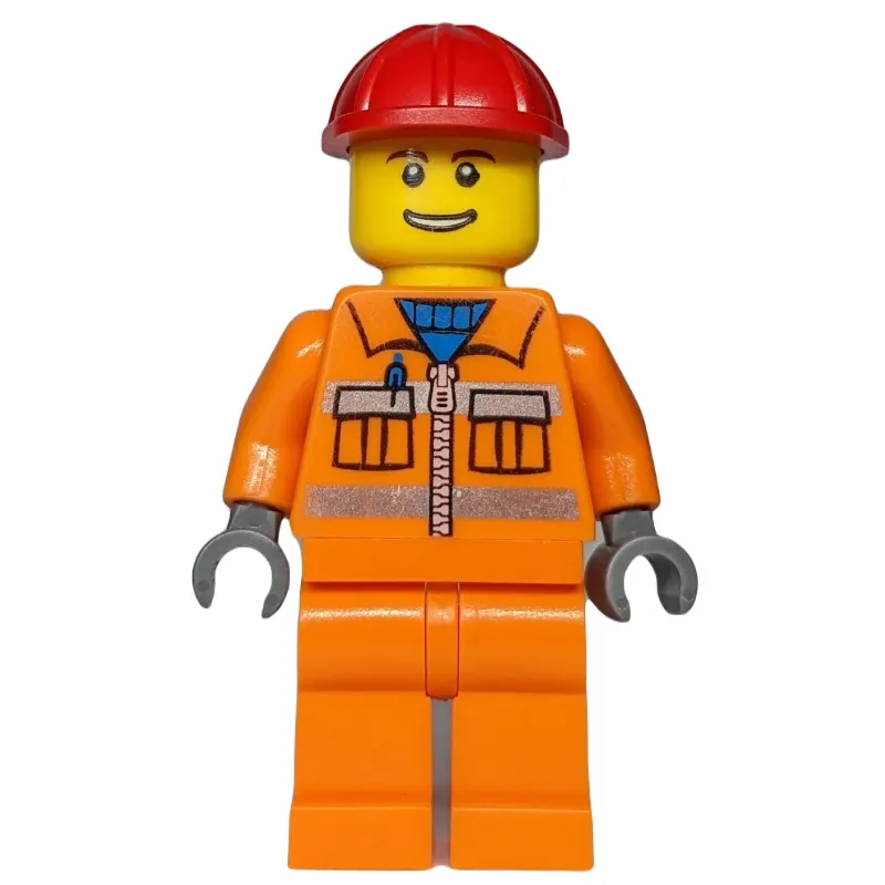 Construction Worker, Orange Jacket with Zipper and Reflective Stripes, Red Hard Hat