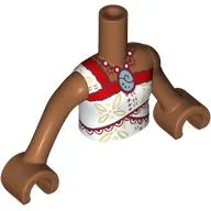 Minidoll Torso Girl with Sienna Brown Arms and Hands with White Wrapped Dress, Red/Dark Red Trim, Tan Decorations, Sand Green Shell print