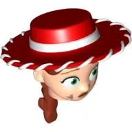 Minifig Head Special with Red Cowboy Hat, Iron Red Ponytail with Dirt Stains Print (Jessie)