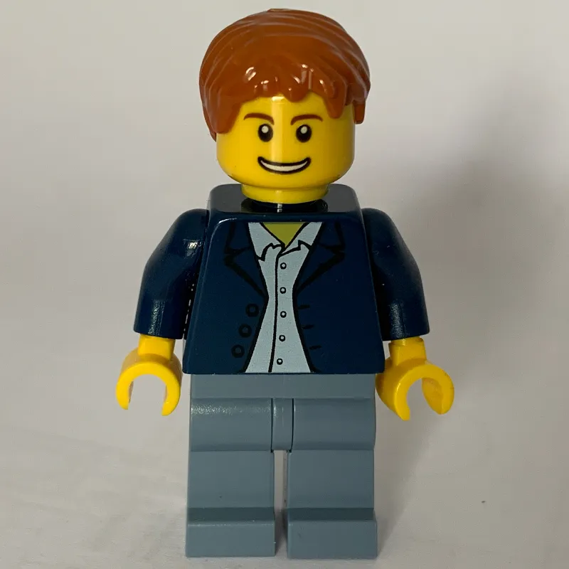 Man, Open Dark Blue Jacket, Sand Blue Legs, Dark Orange Hair