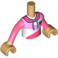 Minidoll Torso Boy with Warm Tan Arms and Hands with White/Bright Pink/Coral Hoodie, Gold Kitty Badge, Laces print