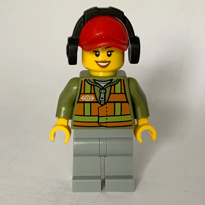 Train Worker, Woman, Orange Safety Vest with Train Logo over Olive Green Hoodie, Light Bluish Gray Legs, Red Cap with Ear Defenders