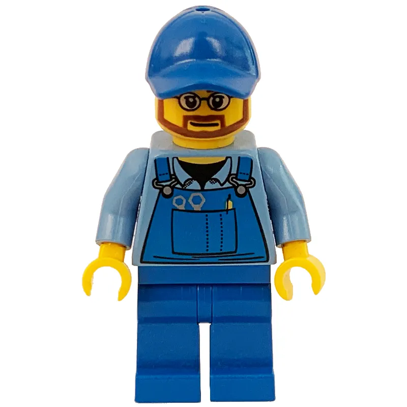 Man, Blue Overalls over Shirt, Blue Legs, Blue Cap, Beard and Glasses