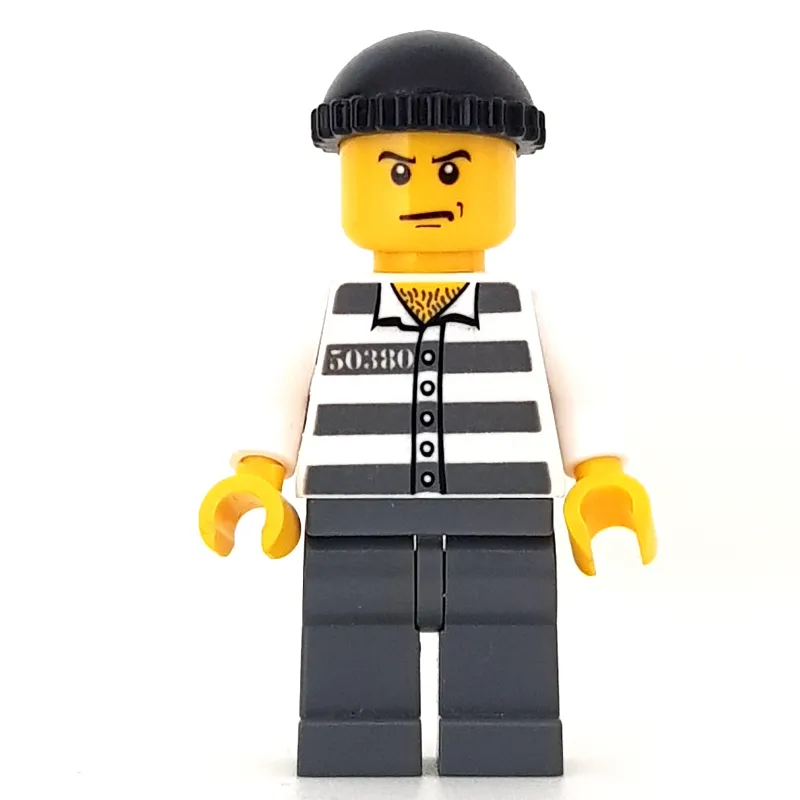 Criminal, Prison Shirt with #50380, Dark Bluish Gray Legs, Black Hat