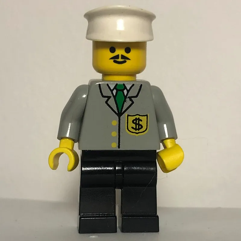 Banker, Light Gray Jacket with Badge and Tie, Black Legs, White Hat, Moustache