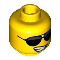 Minifig Head Rock Star, Black Sunglasses Large and Lopsided Smile Wide with Teeth Print