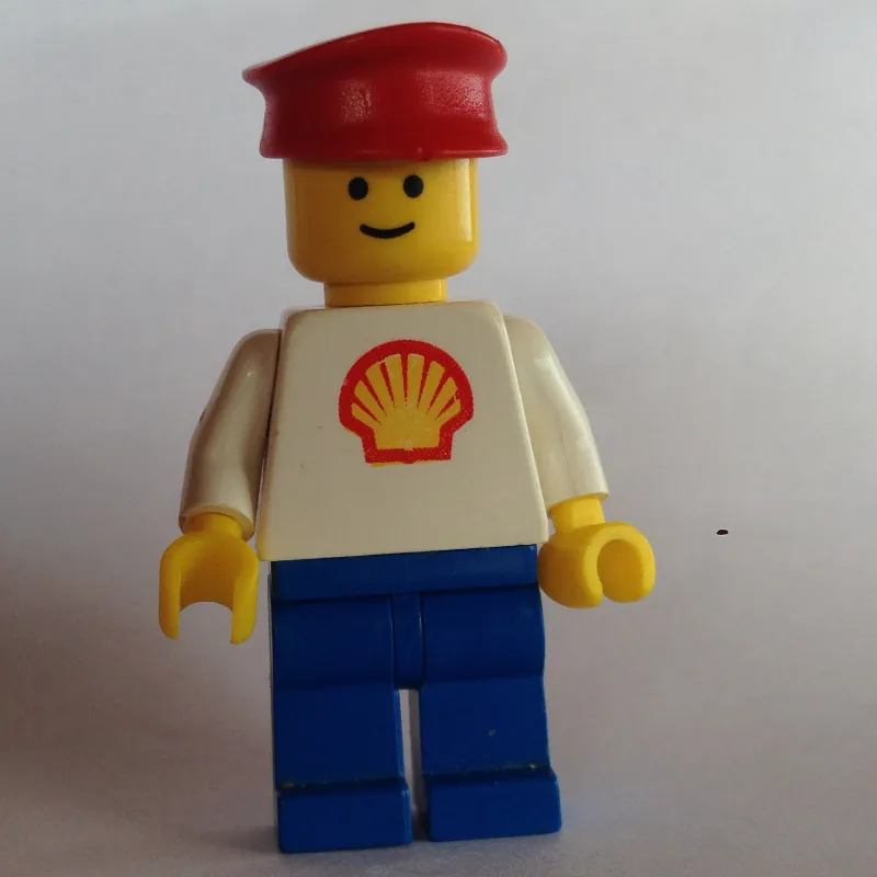 Man, White Torso with Shell Logo, Blue Legs, Red Hat