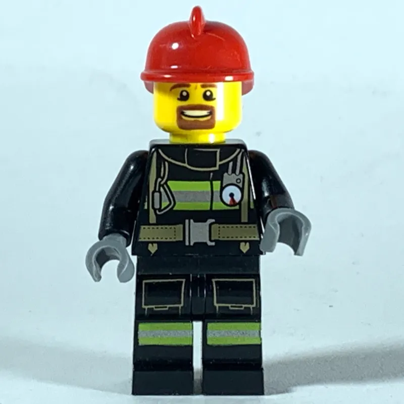 Fireman, Black Fire Suit with Gauge and Straps, Red Helmet, Goatee Beard