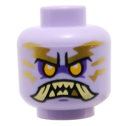Minifig Head Chief Mammatus, Bright Light Orange Eyes, Tan Teeth and Fangs, Gold Lightning , Angry / Smile Print