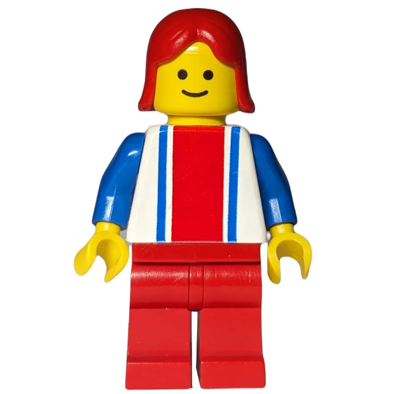 Woman, White Top with Large Red Stripe and 2 Blue Stripes, Red Legs, Red Hair