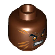 Minifig Head Bronze Tiger, Orange Stripes, Eyebrows, Orange Eyes, Clenched Teeth Print