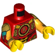 Torso Armor, Gold and Dark Red Plating, Circle with Chinese Character Print, Bright Light Orange Arms with Gold, Dark Red, and Dark Turquoise Armor Print, Yellow Hands