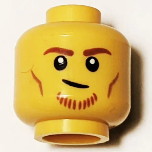 Minifig Head Racer, Dark Orange Eyebrows and Beard, Lopsided Smile print
