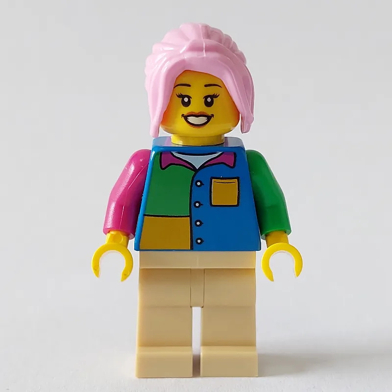 Woman, Blue, Yellow, and Green Shirt, Bright Pink Hair