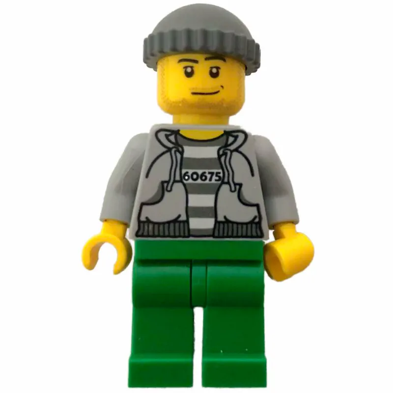 Criminal, Open Light Bluish Gray Hoodie over Prison Shirt with #60675, Dark Bluish Gray Hat, Stubble