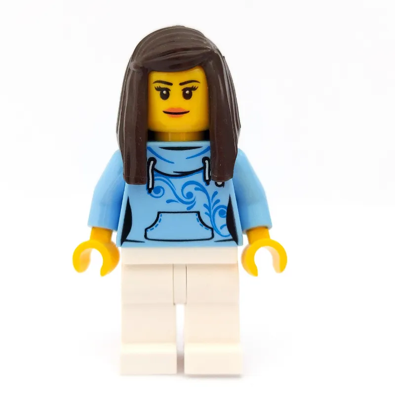 Woman, Bright Light Blue Hoodie, White Legs, Dark Brown Hair