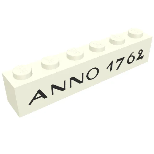 Brick 1 x 6 without Bottom Tubes with Cross Side Supports with 'ANNO 1762' Thin Black Print