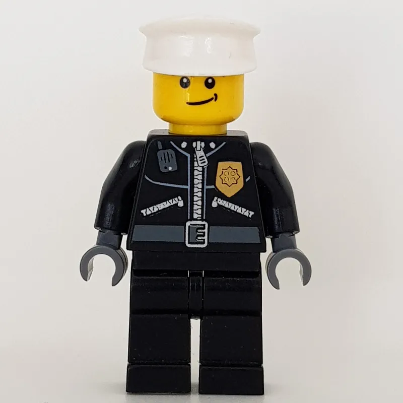 Policeman, Black Jacket with Zipper, Radio, Badge, and 'POLICE' on Back, White Hat