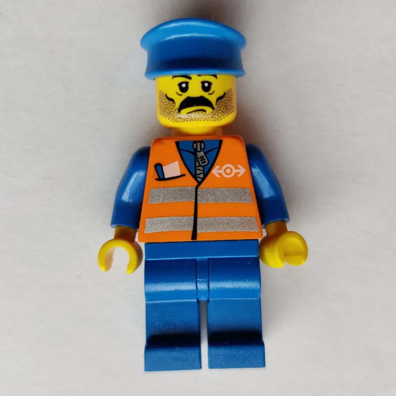 Train Worker, Orange Safety Vest with Train Logo, Blue Legs, Blue Hat, Moustache