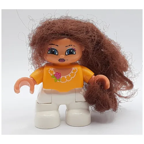 Duplo Figure with Soft Hair Brown, White Legs, Lace Collar with Pink Flower Print