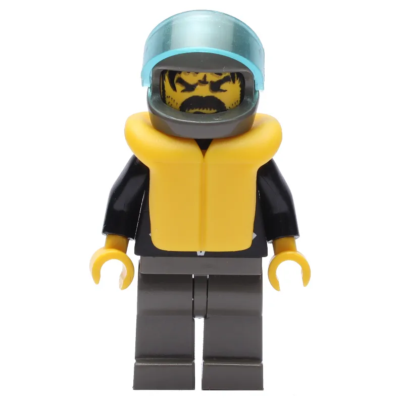 Man, Open Black Jacket over Red Shirt, Light Gray Legs, Helmet and Visor, Yellow Life Vest