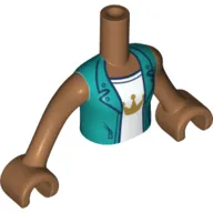 Minidoll Torso Girl with Dark Turquoise Vest, White Shirt with Gold Crown Print, Medium Nougat Arms and Hands