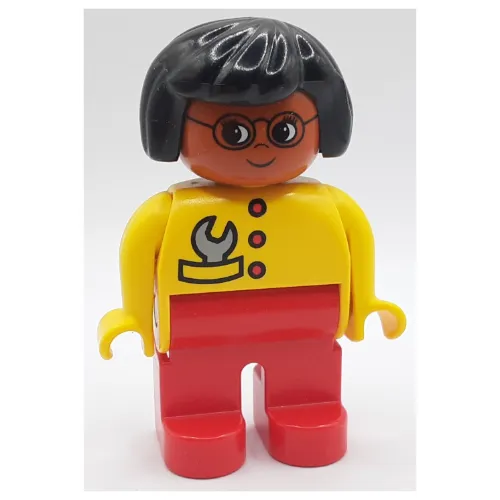 Duplo Figure, Early, Hair Bob Black, Red Legs, Red Buttons and Gray Wrench, Glasses Print