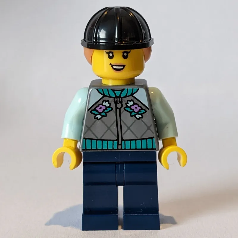 Woman, Light Bluish Gray Riding Jacket, Black Helmet with Ponytail