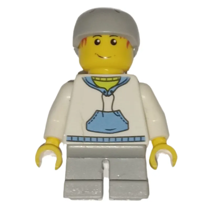 Boy, White and Blue Hoodie, Short Light Bluish Gray Legs, Light Bluish Gray Helmet