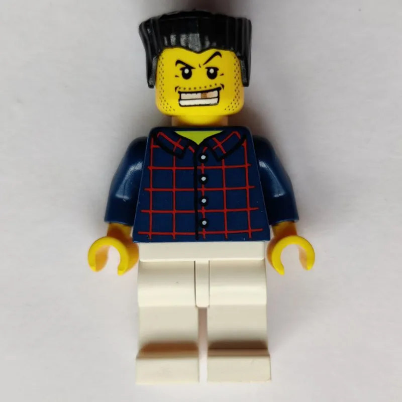 Man, Dark Blue Plaid Shirt, White Legs, Black Hair, Gold Tooth
