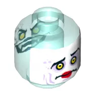 Minifig Head Jestro, Dual Sided, Yellow Eyes, Lightning, Teeth with Fangs, Evil Smile / White Face, Sunken Eyes, Red Lips, Confused Print [Hollow Stud]