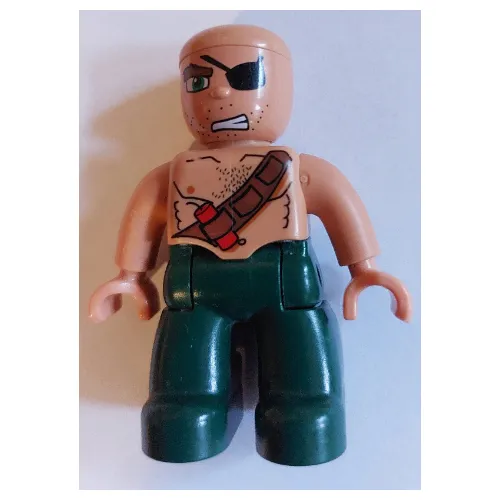 Duplo Figure with Rounded Head with Dark Green Legs, Chest Belt with Dynamite, Eyepatch Print (Pirate)