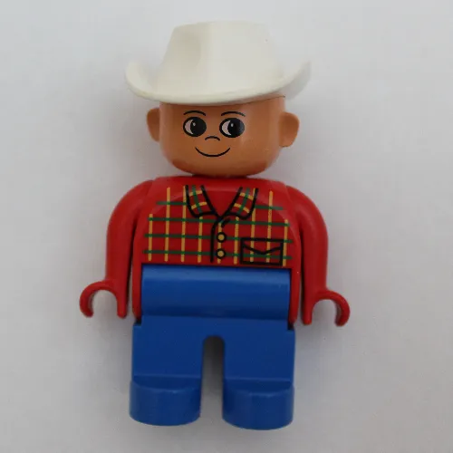 Duplo Figure, Early, Cowboy Hat White, Blue Legs, Plaid Shirt Print