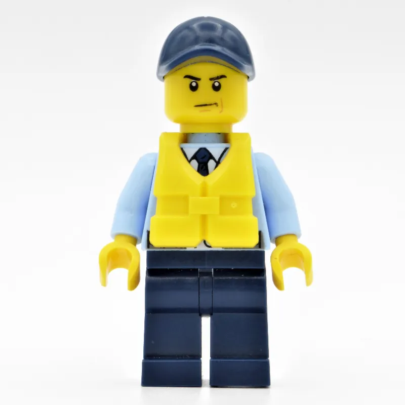 Policeman, Bright Light Blue Jacket with Zipper, Radio, Badge, and Tie, Dark Blue Legs, Dark Blue Cap, Yellow Life Vest