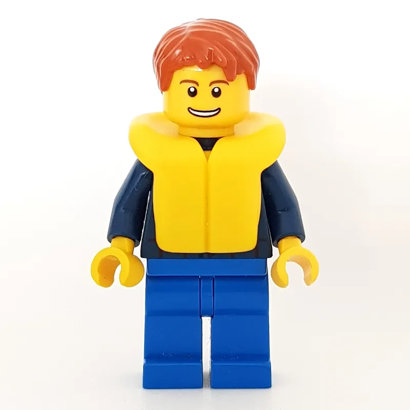 Man, Dark Blue Plaid Shirt, Blue Legs, Dark Orange Hair, Yellow Life Vest