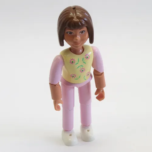 Belville Figure Articulated Elbows, Child, Female, Brown Hair, Pink Legs, White Shoes, Yellow Top with Flowers Print
