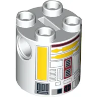 Brick Round 2 x 2 x 2 Robot Body, Axle Holder '+' Orientation with Yellow and Dark Red Astromech Droid Print (R5-F7)