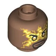 Minifig Head Electro, Bright Light Yellow and Gold Electricity, Gold Eyes, Black Goatee Beard and Moustache Print