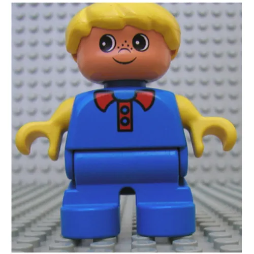 Duplo Figure, Early Child, Hair Swept Left Yellow, Blue Legs, Yellow Arms, Red Collar and Freckles Print
